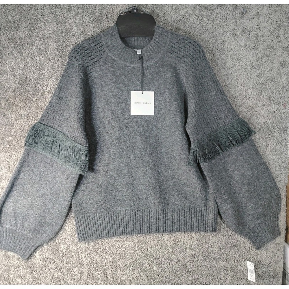 Grace + Karma Fringe Sleeve Sweater Gray Medium